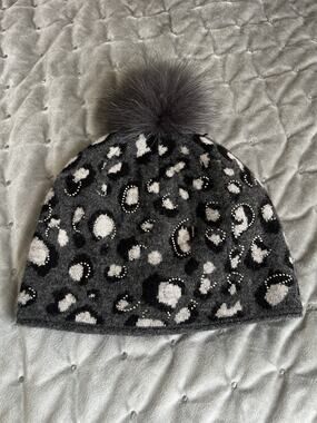 Mitchie's Wool Fur Pom Embellished Gray Beanie Hat One Size